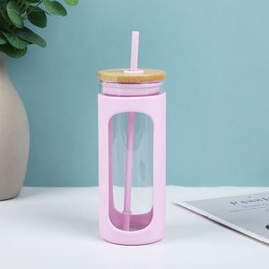 Portable Silicone Sleeve Single-layer High Borosilicate Glass <b>Cup</b> Outdoor Large Capacity Juice Straw <b>Cup</b> with Bamboo Wood Lid - Product Image 3