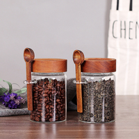 Pot en verre pour le stockage du café avec couvercles en bois d'acacia et cuillère, contenants en verre pour les amateurs de café, grains entiers, café moulu, sucre, bar à café