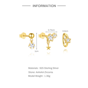 Ensemble de 3 boucles d'oreilles tendance plaqué or S925 avec étoiles et zircons cubiques, vente en gros - Product Image 2