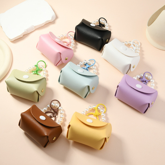Luxury Pu Leather Earphone Bag Cute Earphone case with Pearl Handle Female PU Leather Wireless Headset Protector With Keychain