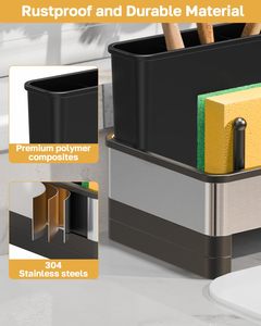 Porte-éponge pour évier de cuisine avec plateau de <span class=keywords><strong>vidange</strong></span> automatique avec porte-brosse à serviettes pour accessoires de stockage de distributeur de savon de comptoir - Product Image 2