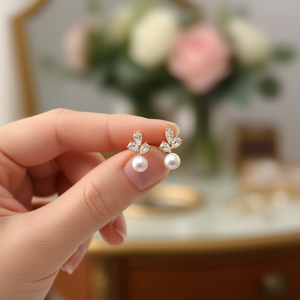 E3888 Orecchini con perle dorate in argento 925 con taglio marquise e design floreale per le donne, gioielli classici da matrimonio - Product Image 2