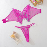 Ensemble de Sextoys et de Lingerie avec Soutien-Gorge Invisible Sans Bretelles Brodé de Fleurs Papillon et String Perlé pour Femmes