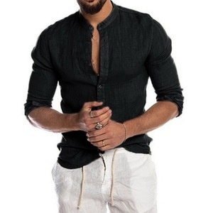 Nuova <span class=keywords><strong>Camicia</strong></span> Hawaiana da Uomo a Maniche Lunghe, in Lino Tinta Unita, Casual, Leggera, Vestibilità Dritta, Collo Coreana - Product Image 4