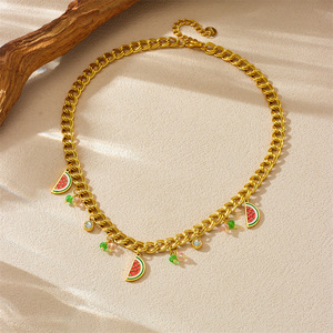 Watermelon Pendant Necklace Stainless Steel Double Layer Chain Fruit Charm Jewelry Fashion Accessory - Product Image 3