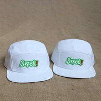 Casquettes de camping décontractées unisexes en polyester à 5 panneaux avec logo personnalisé en caoutchouc et visière plate blanche – Design populaire