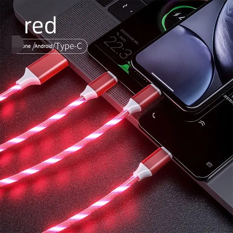 크리스마스 선물 3 in 1 LED 글로우 흐르는 충전기 usb led 케이블 마이크로 USB 유형 C 8 핀 충전