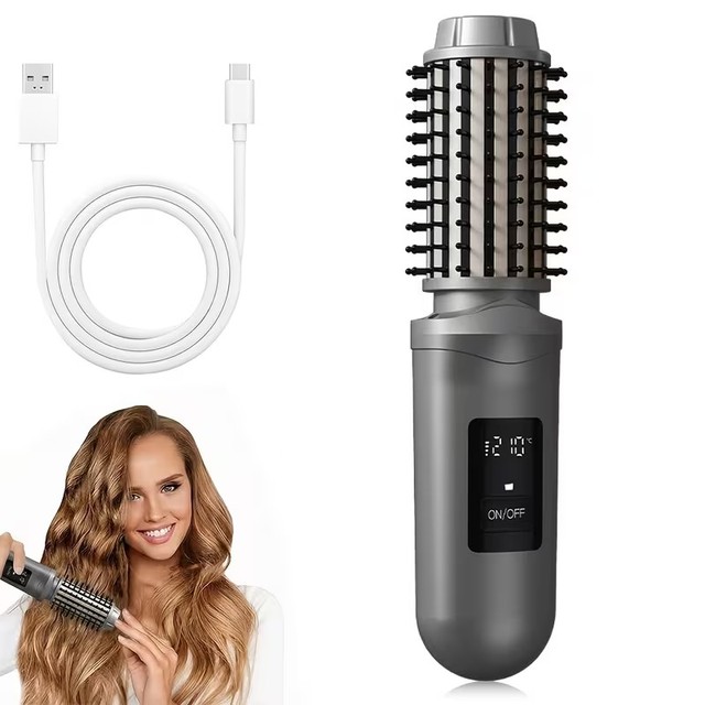 Cordless Curling Iron and Straightening Brush - 3 Temperature Settings 2-in-1 Hair Styling Tool with LED Display