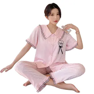 2023 Summer women's silk pajamas nighty designs cotton jacquard short sleeve trousers two-piece set sweet lady home sleepwear