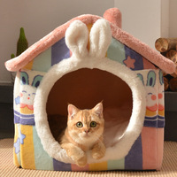 Maison pour chat transfrontalière en gros, détachable, lavable, de style fermé, offrant une sensation de sécurité et de chaleur, motif lapin arc-en-ciel, toutes saisons, pour animaux de compagnie