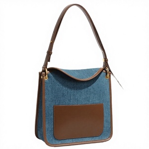 Vintage Denim & PU Leather <b>Shoulder</b> Bag, Color-Block Casual Tote, OEM/ODM Custom Factory, Adjustable <b>Strap</b> Handbag - Product Image 1