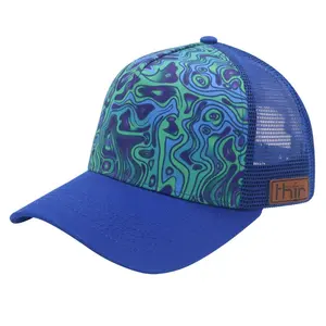 Royal Blue topi Trucker jaring bisbol dua warna kustom cetak 3D bordir Dot dan pola kotak-kotak untuk pesta musim panas