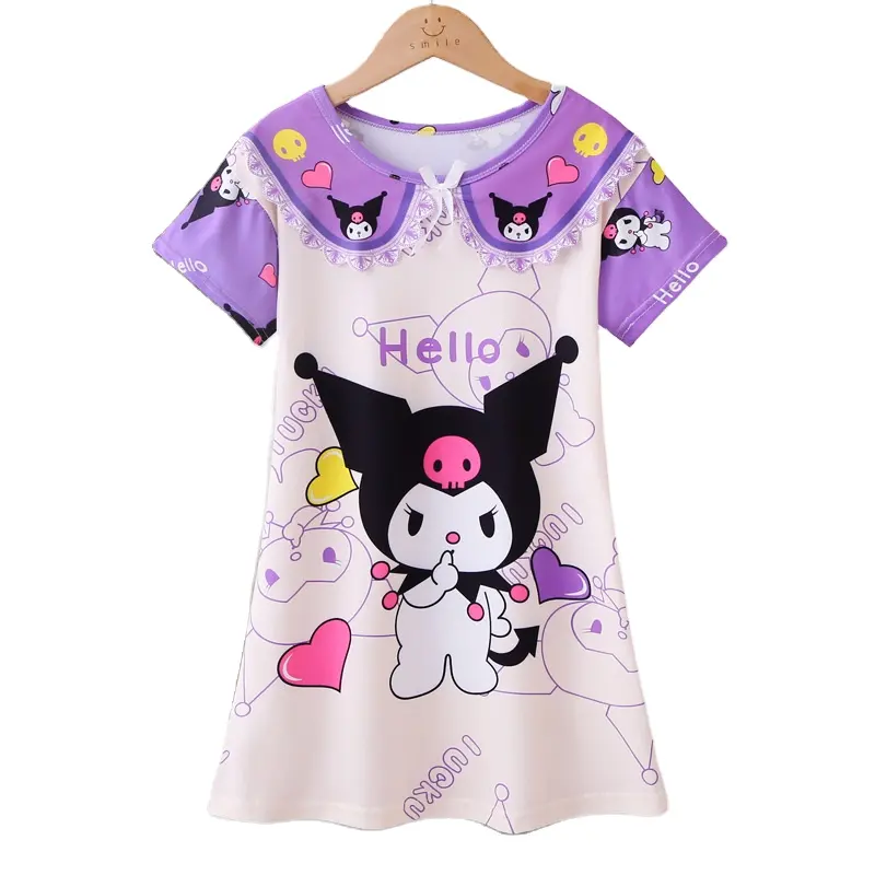 Venta al por mayor Teen Girls Pijama de una pieza Vestido de noche Ropa de dormir Sanfrio Cartoon Cute Kitty Kuromi Algodón Ropa de verano Pijamas