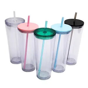 Custom Clear Boba Cup Bubble Tea Cups Juice Water Reusable Double Wall Acrylic Plastic Tumblers With Lid And Straws