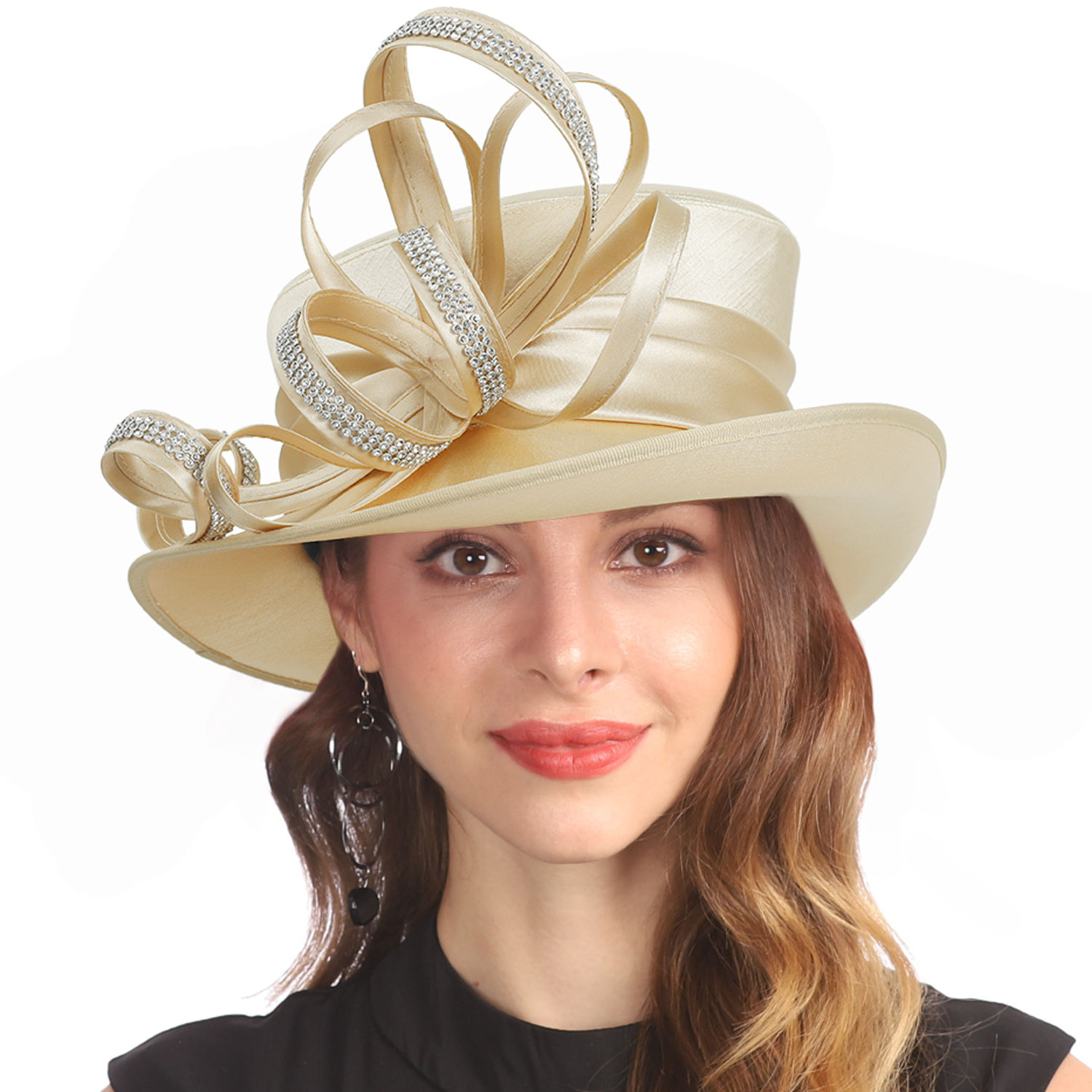 Handmade Elegant Women Satin Formal Church Hats Wedding Tea Party Dress Hat  W/ Rhinestones White Black Navy Blue Red SD718