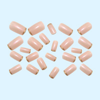 Uñas postizas de cobertura completa, color rosa nude, forma ataúd, finas, con lámina de oro metálica, estilo francés, lisas, hechas a mano.