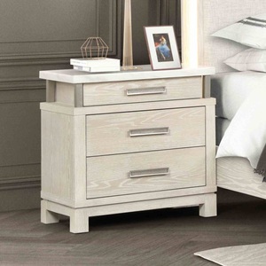 Transitional Nightstand Marble Top Metal Handles Weathered Gray Finish 3 <b>Drawer</b> Storage Unit Bedroom Furniture - Product Image 1