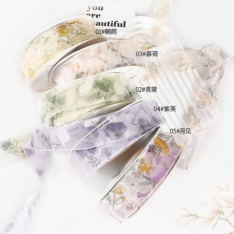 Shinewrap Factory Wholesale New Style Flower Printed Ribbon 2.5CM*10Y Gift Ribbons High Quality Mesh Ribbons for Flower Wrapping
