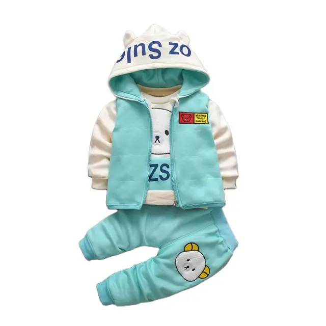 New winter baby clothes suit Cartoon bear plus velvet padded hooded zipper vest three children's wear