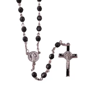 宗教用品工艺品6毫米黑色珠子St.Benedict天主教念珠链念珠项链基督教祈祷念珠项链批发