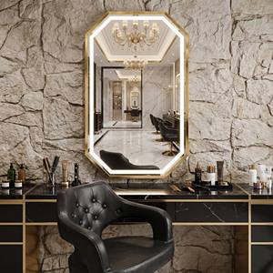 Gold Frame Octagonal LED <b>Standing</b> Mirror Modern Design Mall Bathroom Salon Furniture Adjustable Height Metal Base - Product Image 2