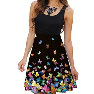 Summer new hot sale sleeveless round neck ladies digital print dress women's flower dresses for garment shop