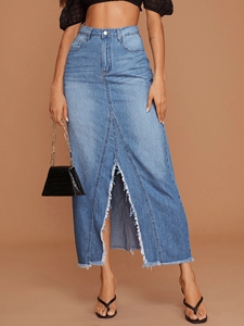 Toptan özel rahat yüksek bel bayanlar Jean etek uzun Midi yarık bölünmüş kadın etek <span class=keywords><strong>Denim</strong></span> uzun kadın etekler - Product Image 6