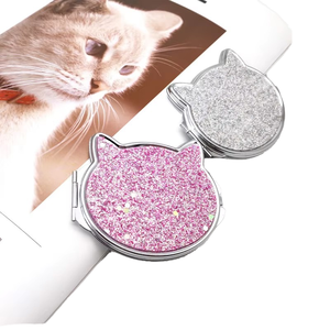 Cat Head Shaped Glitter <b>Compact</b> <b>Mirror</b> Side Opening Silver Electroplated Metal Frame Folding Dual Sided Pocket Makeup <b>Mirror</b> - Product Image 1