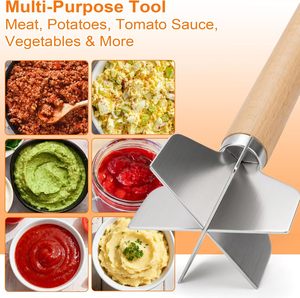 Triturador de Carne de Res de Acero Inoxidable con Mango de Madera, Herramienta de Cocina de Alta Resistencia con 6 Cuchillas para Pavo y Carne de Res - Product Image 6