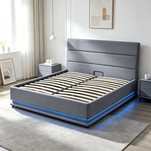 <span class=keywords><strong>Letto</strong></span> con Piattaforma in <span class=keywords><strong>Legno</strong></span> Rivestito in Pelle Sintetica Grigia Stile Moderno con Striscia LED e <span class=keywords><strong>Testiera</strong></span> Alta Morbida - Product Image 3