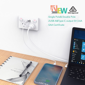 AU Point d'alimentation mural 2 USB-A et 1 USB-C PD 20W interrupteur de prise de courant à charge rapide approuvé par SAA installation facile pour le bureau à domicile - Product Image 6