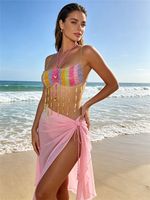 Tenue de vacances rave faite main, cache-maillot perlé arc-en-ciel, crop top de plage bohème, chaîne de corps à pampilles en cristal vibrant, bralette