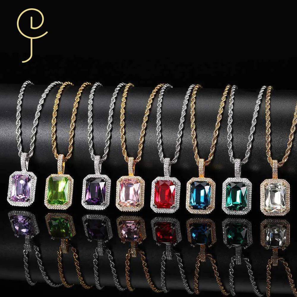 3A zircon high quality diamonds Hip hop CZ iced out Twist Rope Chain square color gemstone gem stones Pendant necklace