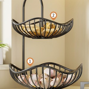 Double Layer Iron <b>Storage</b> <b>Basket</b> With Handles Oval Shape For Kitchen Garlic Ginger Vegetables Desktop Organizer Black - Product Image 2