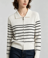 Veste en tricot zippée à rayures décontractée pour femmes, cardigan en tricot côtelé à manches longues et coupe ajustée
