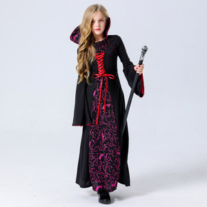 Disfraz de bruja para niños, vestido estampado en negro y rosa con capucha y bastón, traje de juego de rol para fiesta de Halloween para niños - Product Image 2