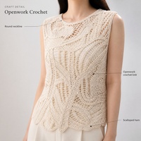 Gilet en crochet personnalisé pour femme OEM ODM, pull sans manches en maille ajourée à ourlet festonné, col rond, décontracté, pour le bureau