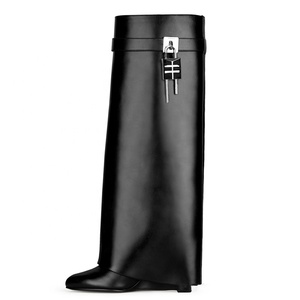 Fold Over Long Booties Soft Overlay Slip-on Wedge <b>Heel</b> Shoes Women's Knee High Boots Metal Shark Lock Size 43 - Product Image 3