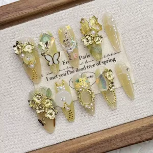 <span class=keywords><strong>Uñas</strong></span> Postizas Hechas a Mano de Acrílico, Largas, de Lujo, Color Amarillo Osmanthus, Tamaño Mediano para Mujer - Product Image 6