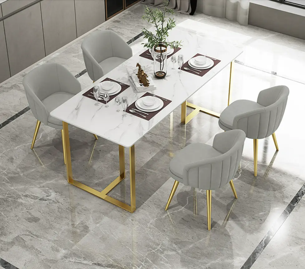 Moderne Lichte Luxe Eettafel En Stoelen Set Met Marmeren Blad