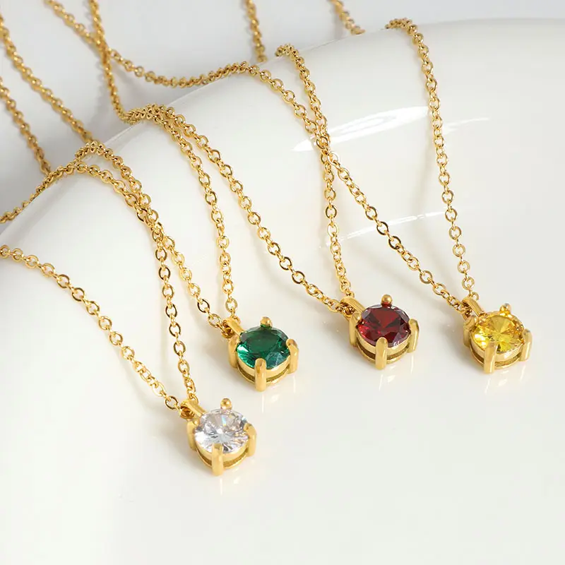 Wholesale Custom 18k Gold Plated Stainless Steel Dainty Jewelry Birthstone Clear CZ Zircon Crystal Stone Pendant Necklace