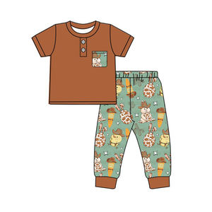 प्रीऑर्डर कस्टम बेबी लड़कों टॉडलर वेस्टर्न काउबॉय ग्रीन कॉटन पॉकेट शर्ट शीर्ष कैक्टस पैंट बुटीक कपड़े सेट - Product Image 2