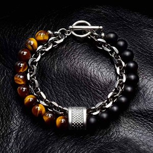 Bracelet géométrique tendance pour homme en acier inoxydable avec chaîne perlée et maillons, motif <span class=keywords><strong>carte</strong></span> givrée - Product Image 3