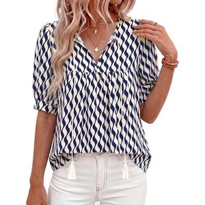 Chemisier d'été bohème pour femme, en mousseline respirante, à nouer devant, col en V, imprimé, coupe ample, manches courtes, style paysanne, tenue de vacances - Product Image 1