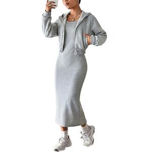 แฟชั่นมาใหม่ ชุดลำลองผู้หญิง 2 ชิ้น เสื้อฮู้ดครอปซิป และเดรสยาวทรงดินสอเข้ารูป - Product Image 1