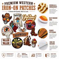 Patchs brodés thermocollants et à coudre sur le thème du Western : Cowboy, Lasso, Revolver, Selle, Dynamite, Fer à cheval, Botte, Chapeau