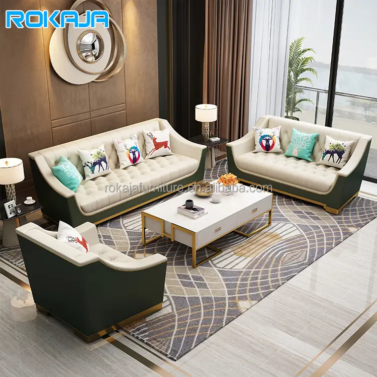 Hot Sale Leisure Sofa Set Stainless Steel Base Green Leather Combination Sofa Hotel Apartment Home Family Sofa