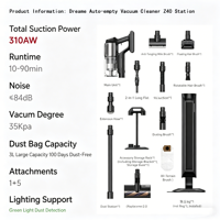 Aspirateur balai sans fil Dreame Z40 Station avec moteur 150000 tr/min, station de vidage automatique et détection de poussière par lumière verte