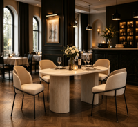 Juego de Mesa de Comedor con Base de Hierro y MDF, Muebles de Comedor para Hogar y Restaurante al por Mayor, Sillas de Comedor Tapizadas en Dos Tonos, Estilo Europeo
