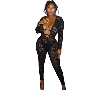 Combinaisons en maille noire transparente Sexy Lady à manches longues pour soirée Porter en soirée Décolleté profond Bodycon Combinaisons pour femmes - Product Image 5